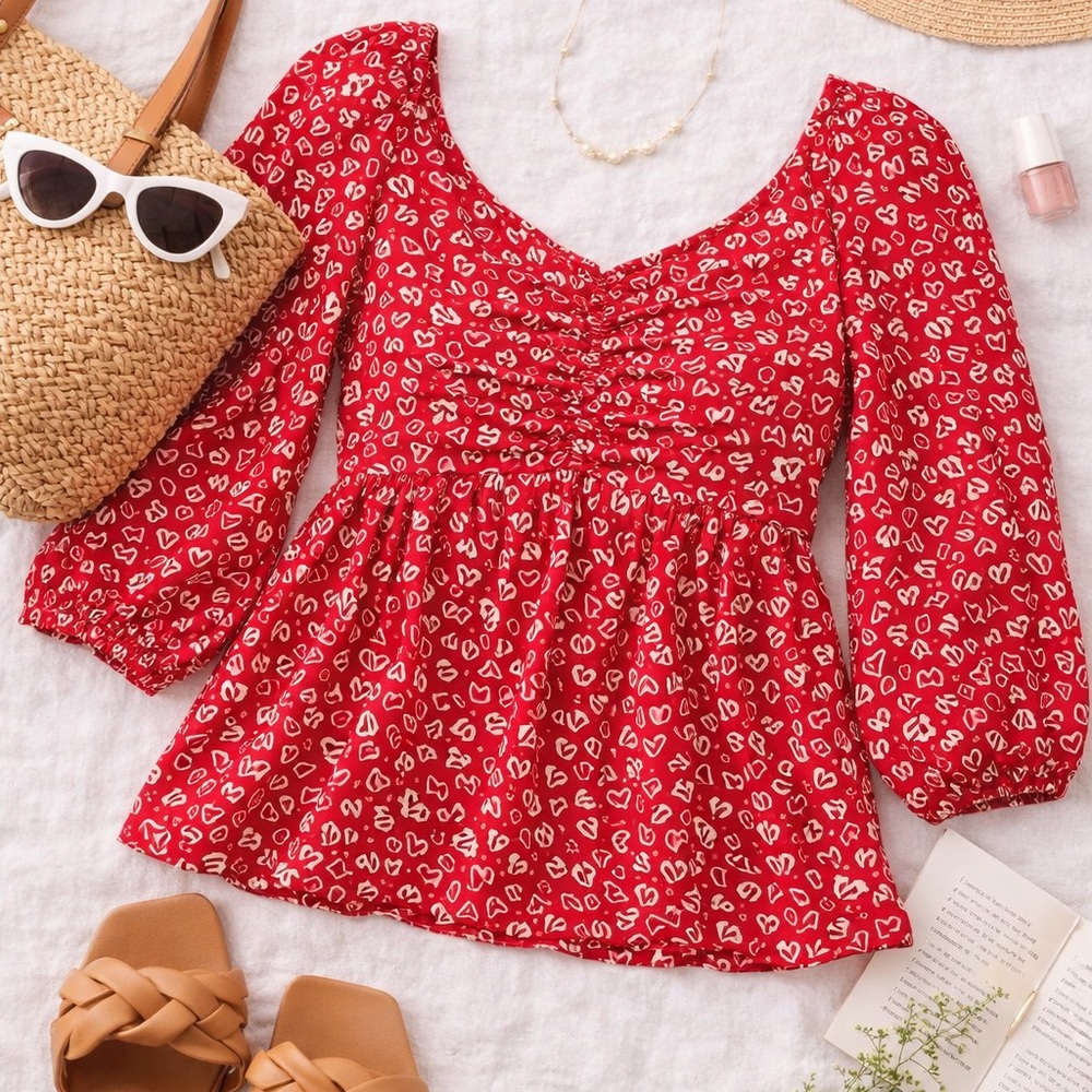 LOFT Red Top with White Heart Print - Picture 2 of 10